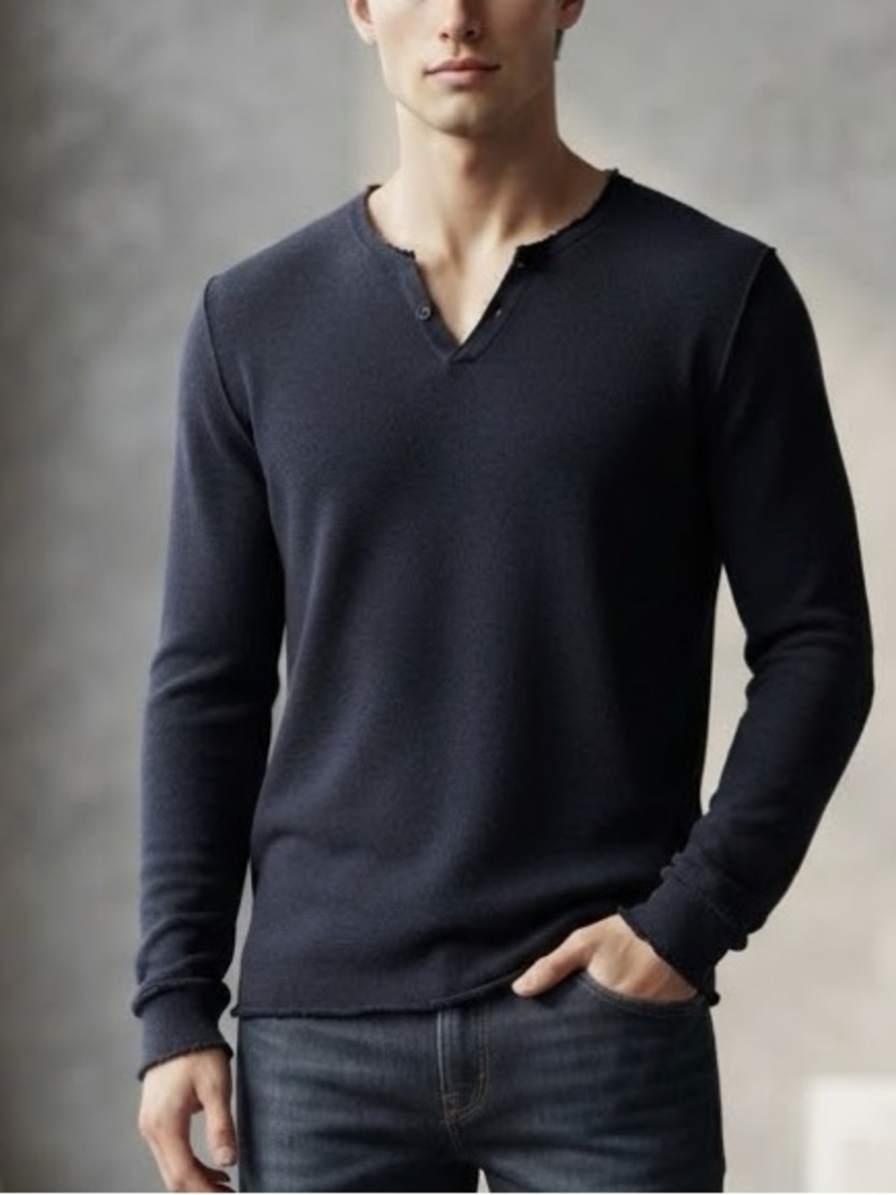 Zadig & Voltaire Monastir Navy Blue Merino Wool Henley V-Neck Sweater Top L